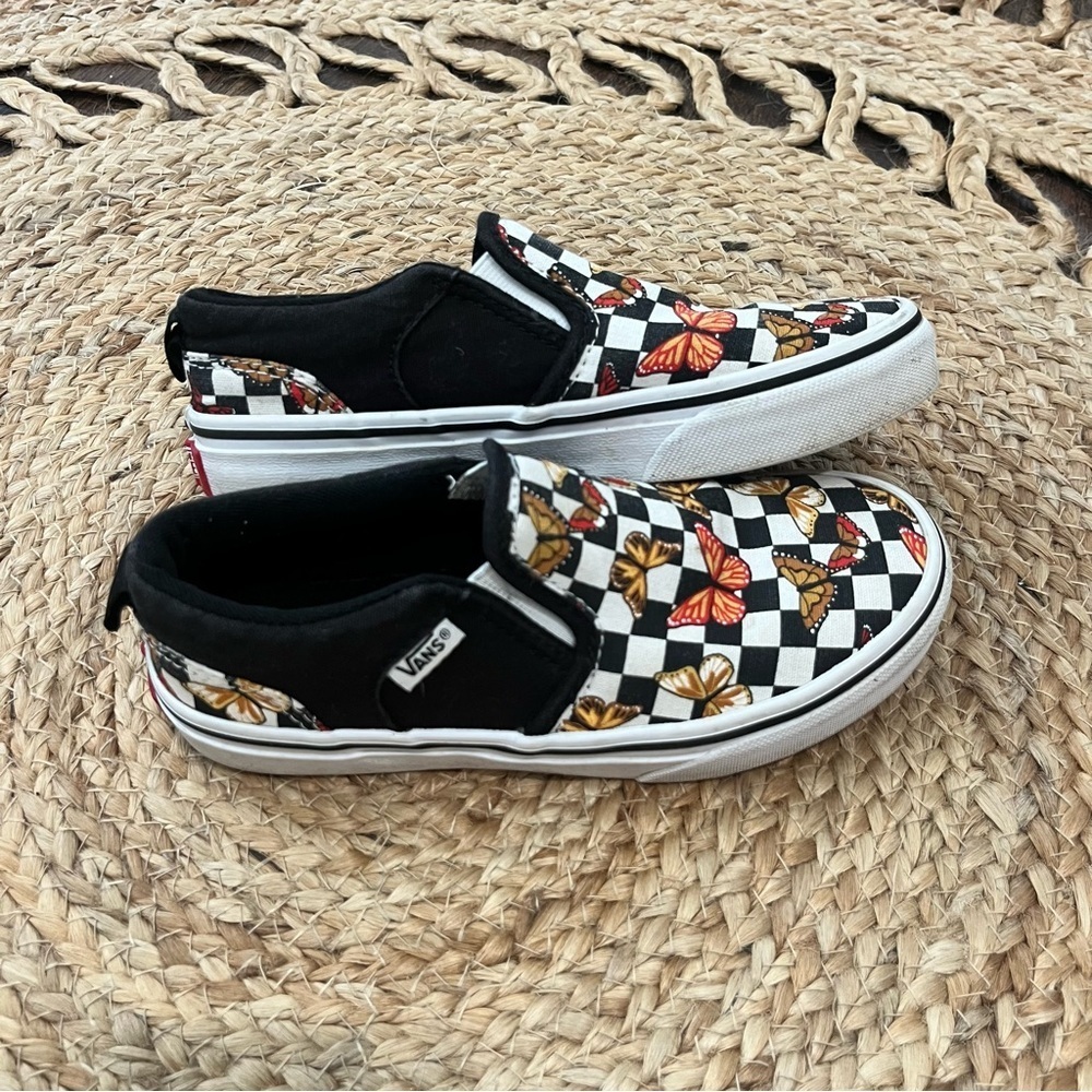 Van's Asher Butterfly Checker Multi Canvas Slip On Sneakers Missy Girl's Size 1